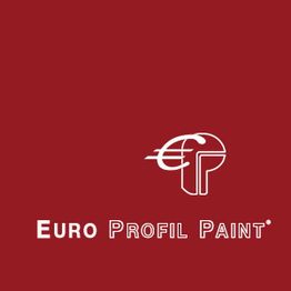 Logo Euro Profil Paint su sfondo rosso, con simbolo stilizzato bianco e testo in bianco.