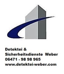 Logo der Detektei & Sicherheitsdienste Weber mit Kontaktdaten und Webadresse.