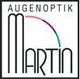 Logo von Augenoptik Martin, moderner Schriftzug mit farbigem Bogen über dem "M".