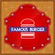 Placa vermelha com desenho de hambúrguer e texto “Famous Burger” em fundo marrom com ícones.