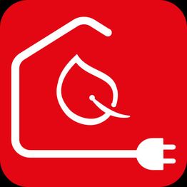 Weißes Haus, Blatt und Stecker auf rotem Hintergrund. Symbol für umweltfreundliche Energie.