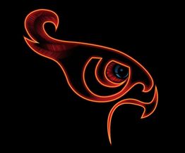 Stylized neon hawk head in red and orange on a black background.
