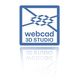 Blaues WebCAD 3D Studio-Logo mit geometrischem Muster, rechteckiger Rahmen und Spiegelung.