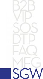 Textgrafik mit Akronymen: B2B, VIP, SOS, DTP, FAQ, MFG in grau, SGW in Blau.