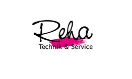 Logo mit Schriftzug "Reha Technik & Service", schwarzer Text, pinker Pinselstrich im Hintergrund.