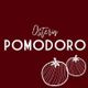 Donkerrode achtergrond met witte tekst: "Osteria POMODORO" en tekening van twee tomaten.