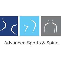 Logo of Advanced Sports & Spine with abstract spine illustrations in blue, cyan, and gray squares.