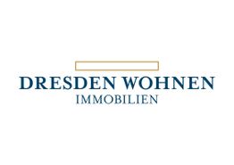 Logo mit Text: "Dresden Wohnen Immobilien" in Blau mit einem goldenen Streifen darüber.