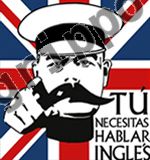 Imagen de un cartel con un hombre señalando y texto: "Tú necesitas hablar inglés", sobre bandera británica.