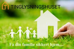 Papirfamilie og hus på græs med teksten "Få din familie sikkert hjem" og "Tinglysningshuset".