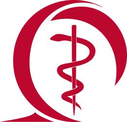 Rotes Apotheken-Logo mit Schlangensymbol und Stab auf weißem Hintergrund.