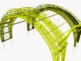 Gelbe Metallstruktur mit gebogenen Elementen und offenen Gittern, erinnert an ein Konstruktionsmodell.