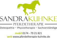 Logo mit grünem Pferd, Text: Sandra Kuhnke Pferdetherapie, Osteopathie, Physiotherapie.