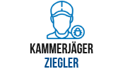 Logo mit stilisierter Person und Käfer, Text: Kammerjäger Ziegler.