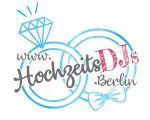 Zwei Ringe mit Schleife und Diamant, Text: www.HochzeitsDJs.Berlin in stilvoller Schrift.