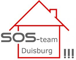 Logo mit rotem Hausumriss, "SOS-team Duisburg" in Grau, drei Ausrufezeichen rechts.