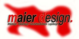 Logo: Roter Text "maier design" mit den Begriffen: Webdesign, Plakatdesign, Geschäftsdokumente, Logodesign.