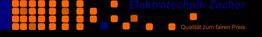 Orange und blaue Quadrate mit Text: "Elektrotechnik Zacher - Qualität zum fairen Preis".