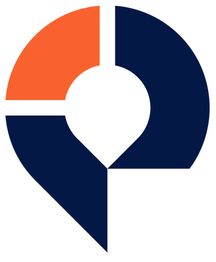 Abstraktes Logo mit dunklem und orangem Bereich, das einem Karten-Pin ähnelt.