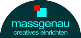 Halbrundes Logo mit Text "massgenau creatives einrichten" und zwei überlappenden Quadraten.