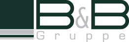 Logo mit großem "B&B" und "Gruppe" darunter. Links drei horizontale Linien.