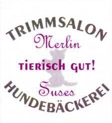 Logo: "TrimmSalon Merlin" und "Suses Hundebäckerei" mit silberner Hundesilhouette.