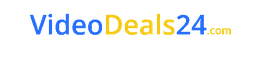 Logo mit blau-gelbem Text "VideoDeals24.com" auf transparenter Fläche.