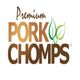 "Premium Pork Chomps logo with stylized green leaves on a white background."