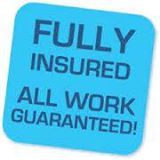 Blue square saying "Fully Insured, All Work Guaranteed!" in bold, black text.