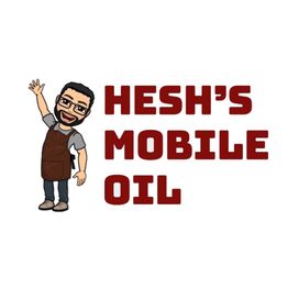 Cartoon mechanic waving beside the text "Hesh's Mobile Oil".