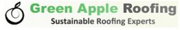 Logo for Green Apple Roofing, featuring a stylized apple and the slogan "Sustainable Roofing Experts."