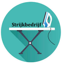 Strijkplank met strijkijzer en tekst "Strijkbedrijf" op een groene achtergrond.