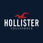 Hollister-logo met rode meeuw en tekst "HOLLISTER CALIFORNIA" op een donkere achtergrond.