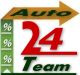 Logo mit grünem Prozentzeichen, roter Zahl 24 und Schrift: "Auto Team". Pfeil nach rechts.