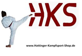 Person im Karateanzug tritt, daneben das Logo "HKS" und die Webseite www.Hattinger-Kampfsport-Shop.de.