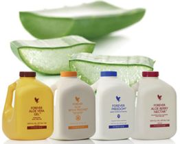 Vier Aloe-Vera-Gel-Flaschen unterschiedlicher Sorten vor Aloe-Blatt im Hintergrund.