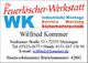 Visitenkarte von Wilfried Kommer, Feuerlöscher-Werkstatt mit Kontaktinformationen und Dienstleistungen.
