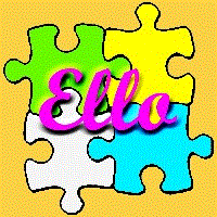 Peças de quebra-cabeça coloridas com o nome "Ella" em destaque no centro.