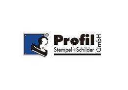 Logo der Firma Profil Stempel + Schilder GmbH mit blauer Grafik eines Stempels.