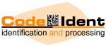 Logo mit Text: "Code Ident" und "identification and processing", Orange und Schwarz, QR-Code.