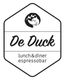 Logo van "De Duck", een lunch- en dinercafé met espressobar en lachende eend in het ontwerp.
