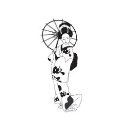 Schwarz-weiße Illustration einer Frau im Kimono mit traditionellem Regenschirm.