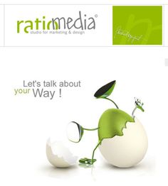 Grafik mit Text "Let's talk about your Way", ratiomedia-Logo, grünem Wesen in einem Ei.