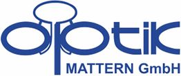 Logo mit blauem Text: "Optik MATTERN GmbH", stilisierte Brille im Hintergrund des "o".
