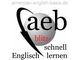 Logo mit "aeb blitz-schnell Englisch lernen" und einer großen, stilisierten schwarzen Swoosh-Linie.