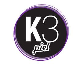 Logo circular negro con borde morado, letras grandes "K3" y pequeño "piel" en blanco.