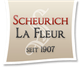 Logo mit Text: Scheurich La Fleur seit 1907, beige Hintergrund, geschwungenes S im Hintergrund.