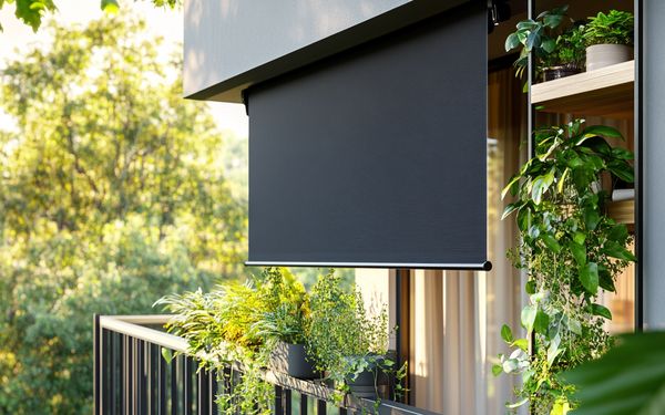 Halb ausgezogene Senkrechtmarkise auf schön bepflanztem Balkon im Grünen.