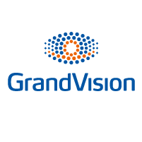 Logo GrandVision con design a forma di occhio blu e arancione.
