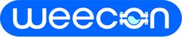 Logo mit Text "weecon" in weiß auf blauem Hintergrund, der Buchstabe "o" hat ein technisches Design.